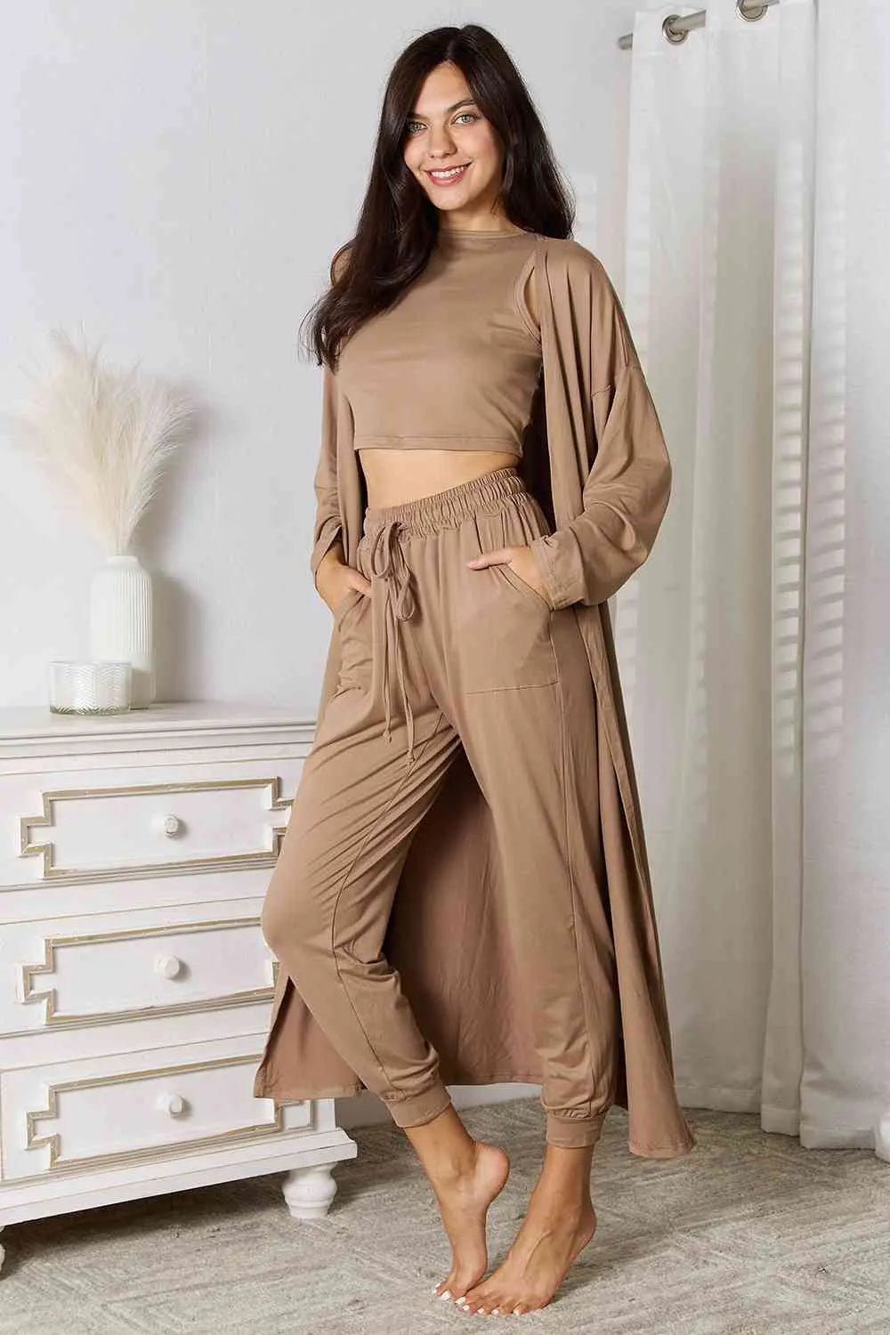 Tank, Pants, Cardigan Set - GlossiChic Collection Taupe / S GlossiChic Collection Outfit Sets