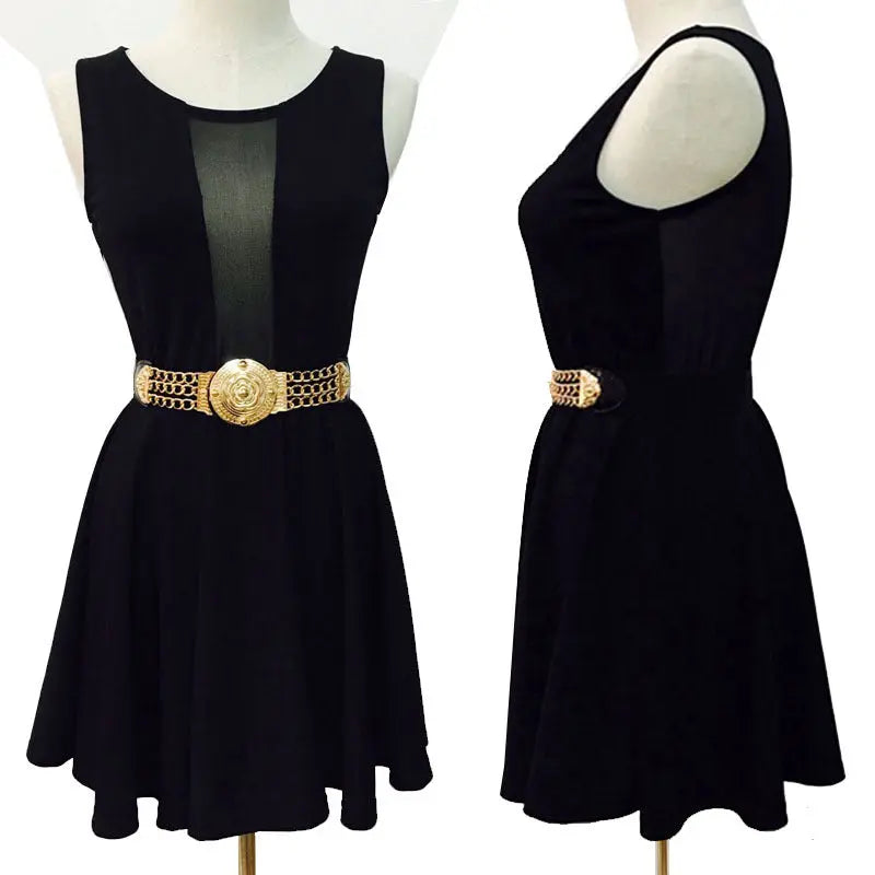 Fashion Metal Elastic Wide Belt Chain Flower Decoration - GlossiChic Collection Black GlossiChic Collection Belts & Hats