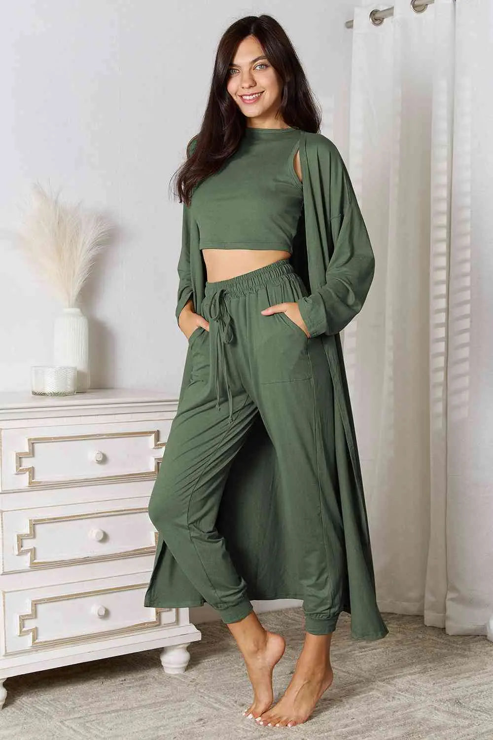 Tank, Pants, Cardigan Set - GlossiChic Collection Taupe / S GlossiChic Collection Outfit Sets