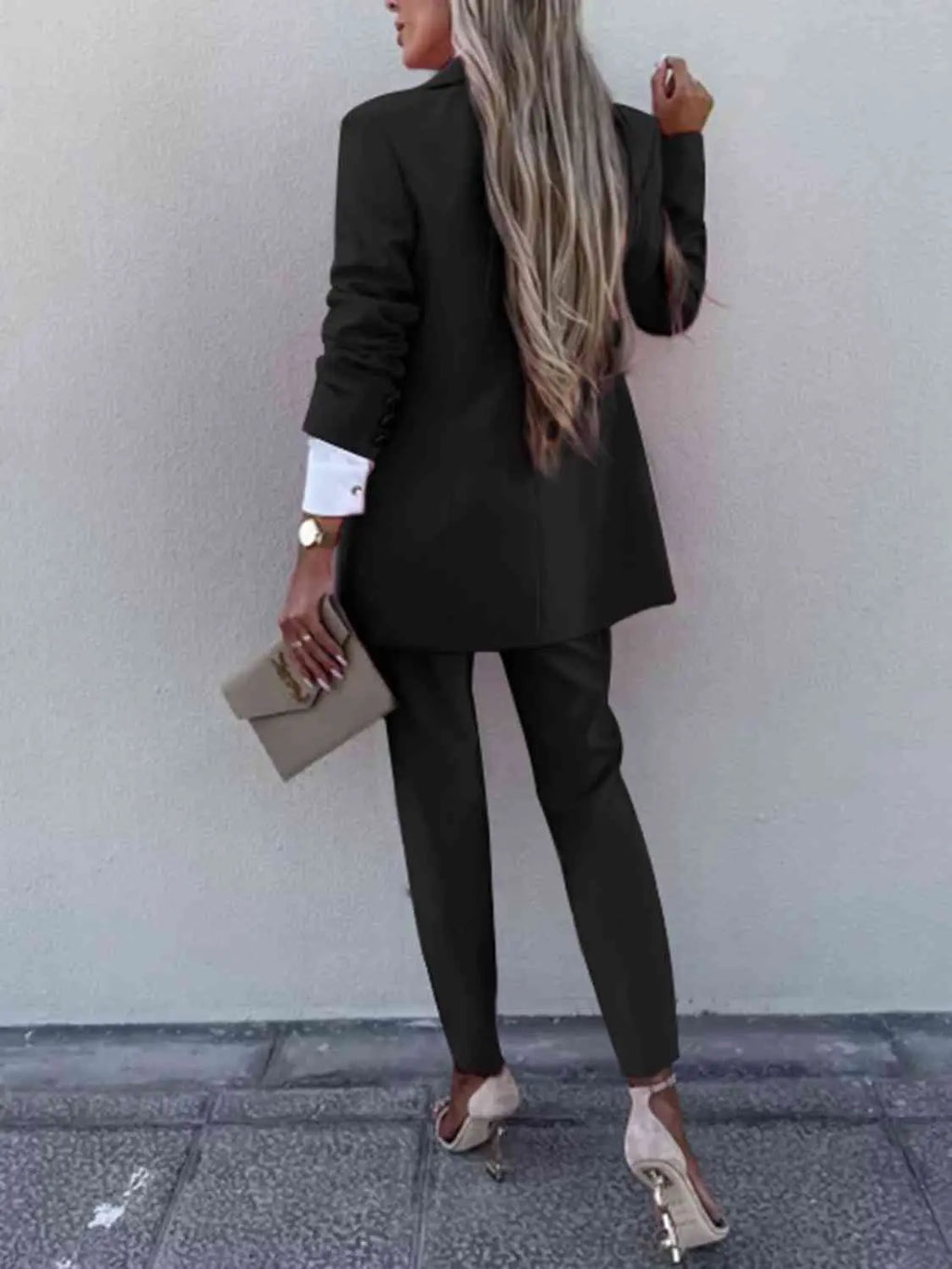 Lapel Collar Long Sleeve Blazer and Pants Set - GlossiChic Collection Charcoal / S GlossiChic Collection Outfit Sets