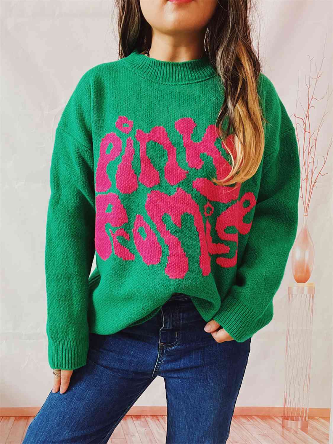 PINKY PROMISE Graphic Sweater - GlossiChic Collection Green / S GlossiChic Collection apparel