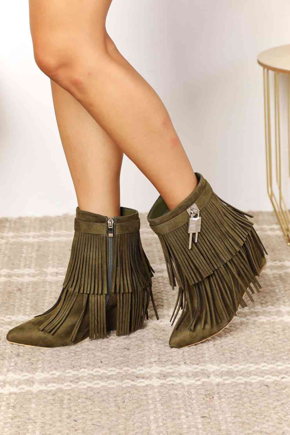 Tassel Wedge Heel Ankle Booties - GlossiChic Collection Olive / 6 GlossiChic Collection Shoes & Accessories