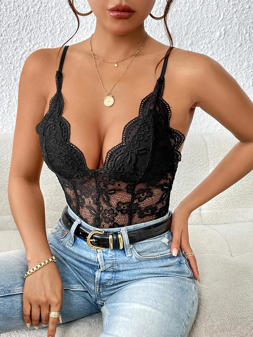 Lace V-Neck Spaghetti Strap Bodysuit - GlossiChic Collection Black / S GlossiChic Collection Bodysuits