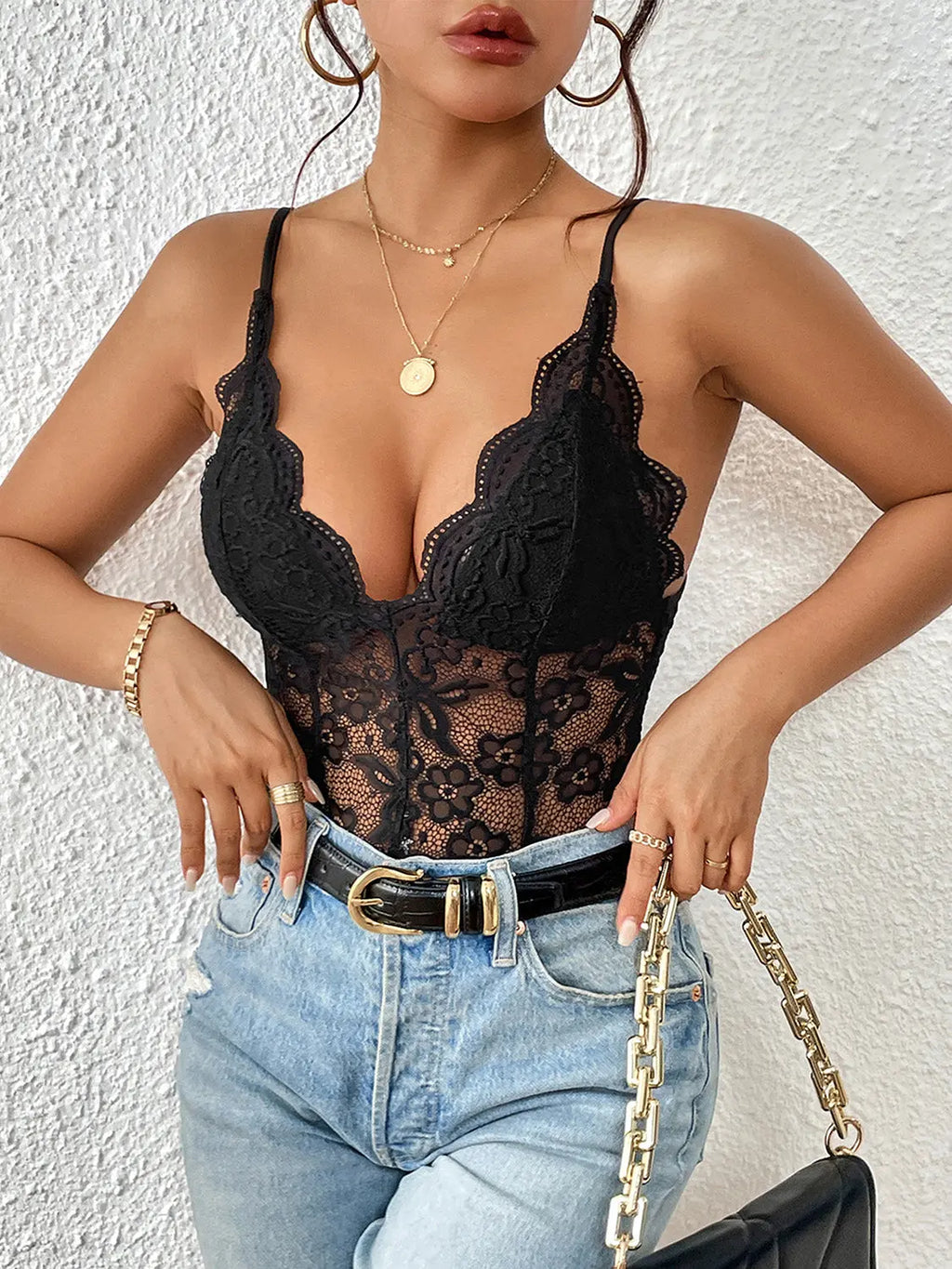 Lace V-Neck Spaghetti Strap Bodysuit - GlossiChic Collection Black / S GlossiChic Collection Bodysuits