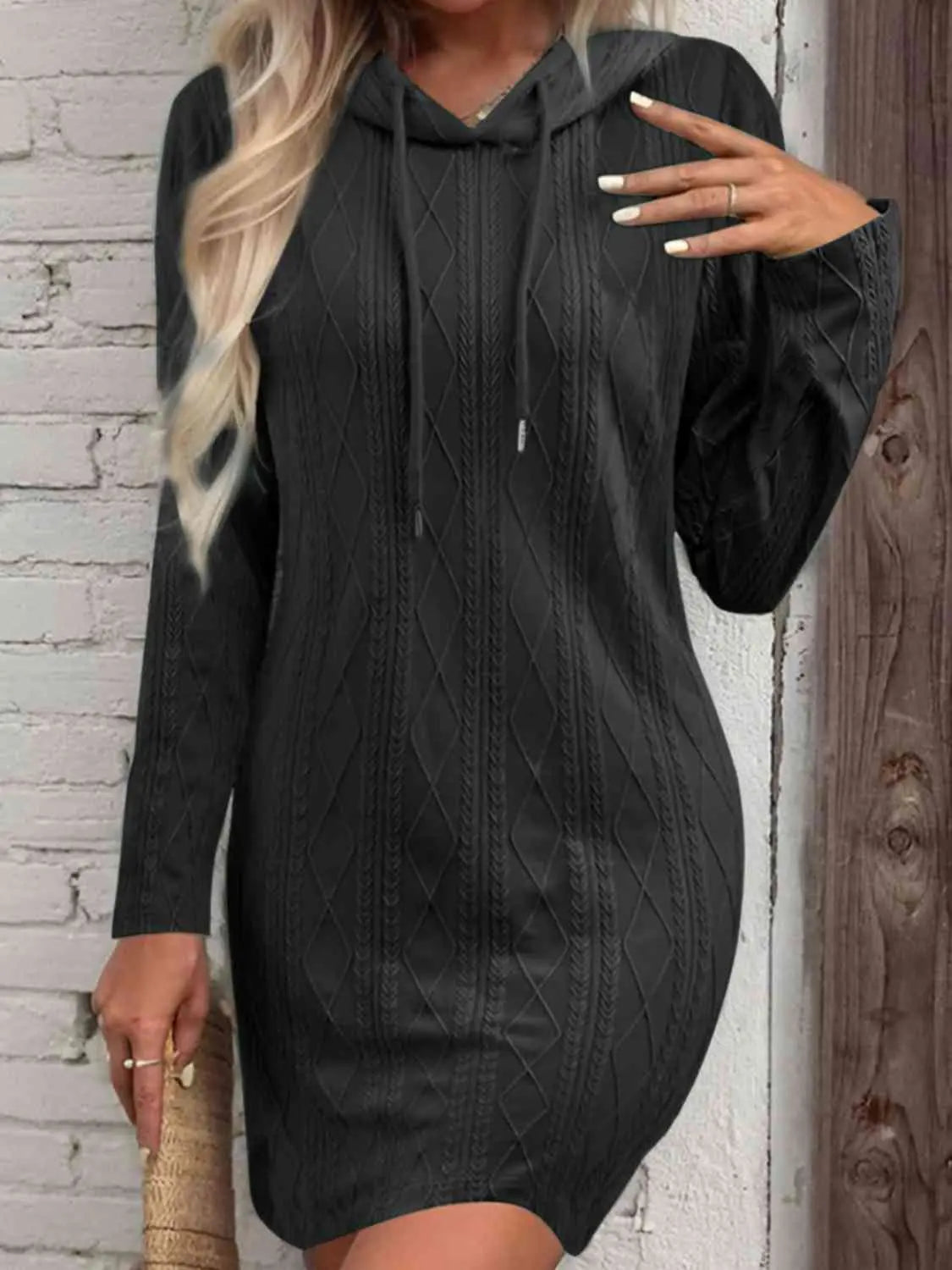 Drawstring Hooded Sweater Dress - GlossiChic Collection Black / S GlossiChic Collection apparel