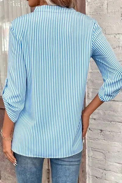 Striped Notched Roll-Tab Sleeve Shirt - GlossiChic Collection Red / S GlossiChic Collection Shirts & Tops