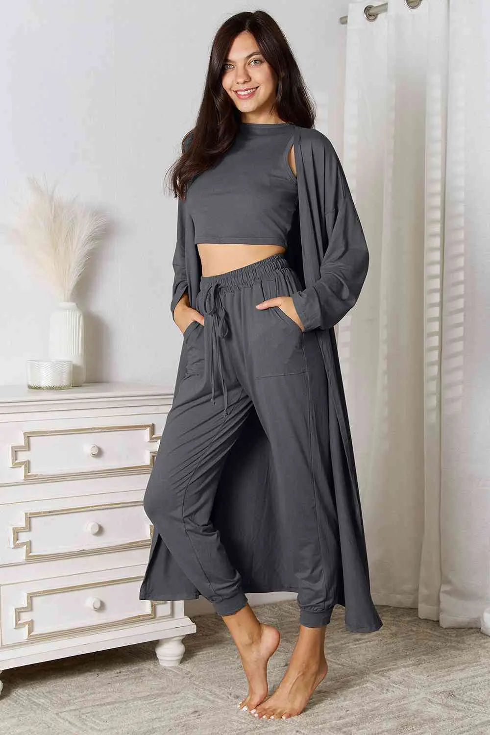 Tank, Pants, Cardigan Set - GlossiChic Collection Taupe / S GlossiChic Collection Outfit Sets