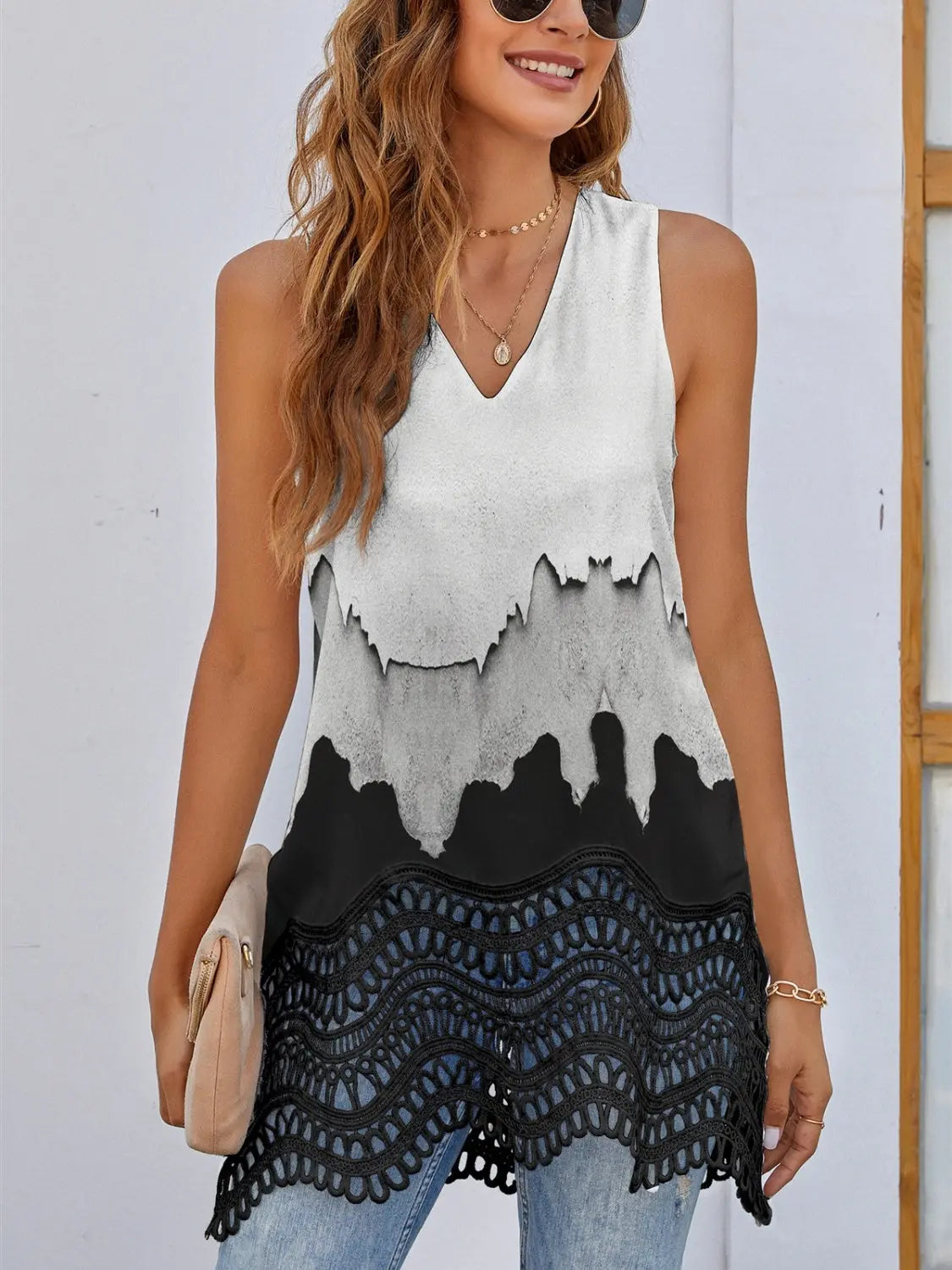 Printed V-Neck Tank - GlossiChic Collection Black / S GlossiChic Collection Shirts & Tops