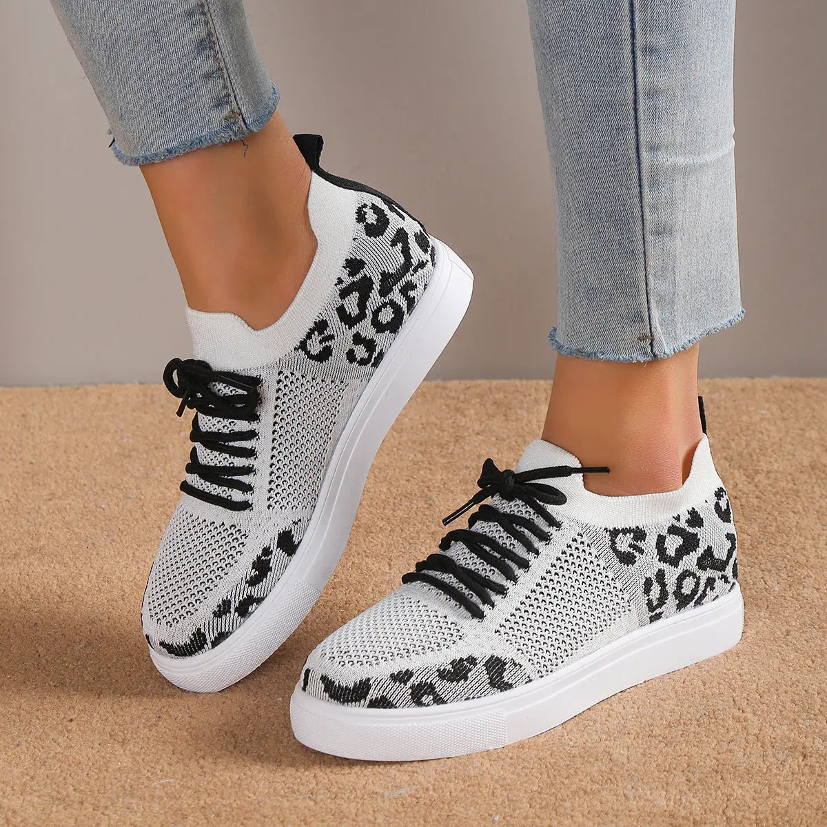 Lace-Up Leopard Flat Sneakers - GlossiChic Collection White / 36(US5) GlossiChic Collection Shoes & Accessories