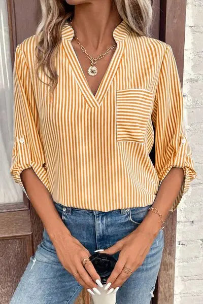 Striped Notched Roll-Tab Sleeve Shirt - GlossiChic Collection Red / S GlossiChic Collection Shirts & Tops