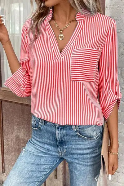 Striped Notched Roll-Tab Sleeve Shirt - GlossiChic Collection Red / S GlossiChic Collection Shirts & Tops