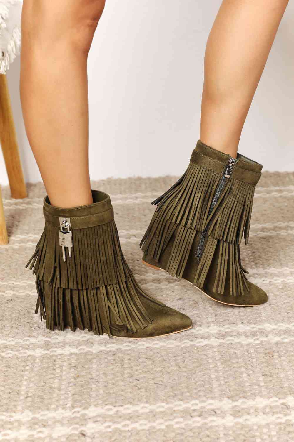 Tassel Wedge Heel Ankle Booties - GlossiChic Collection Olive / 6 GlossiChic Collection Shoes & Accessories