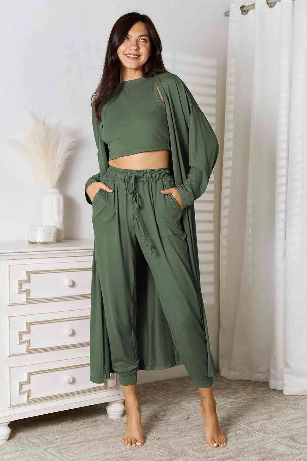 Tank, Pants, Cardigan Set - GlossiChic Collection Army Green / S GlossiChic Collection Outfit Sets