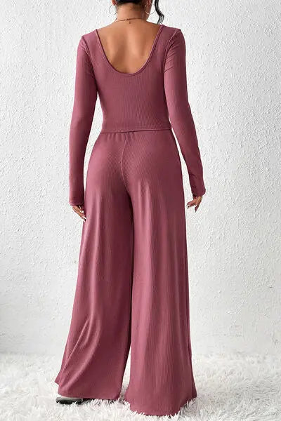 Ribbed Round Neck Top and Wide-Leg Pants Set - GlossiChic Collection Moonlit Mauve / S GlossiChic Collection Outfit Sets