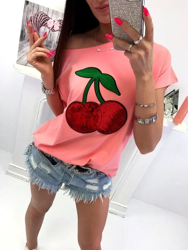 Sequin Cherry Patch T-shirt - GlossiChic Collection Pink / S GlossiChic Collection Shirts & Tops