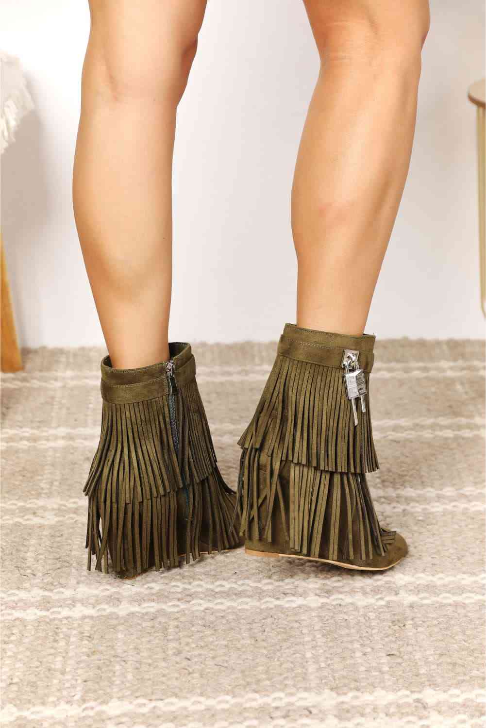 Tassel Wedge Heel Ankle Booties - GlossiChic Collection Olive / 6 GlossiChic Collection Shoes & Accessories