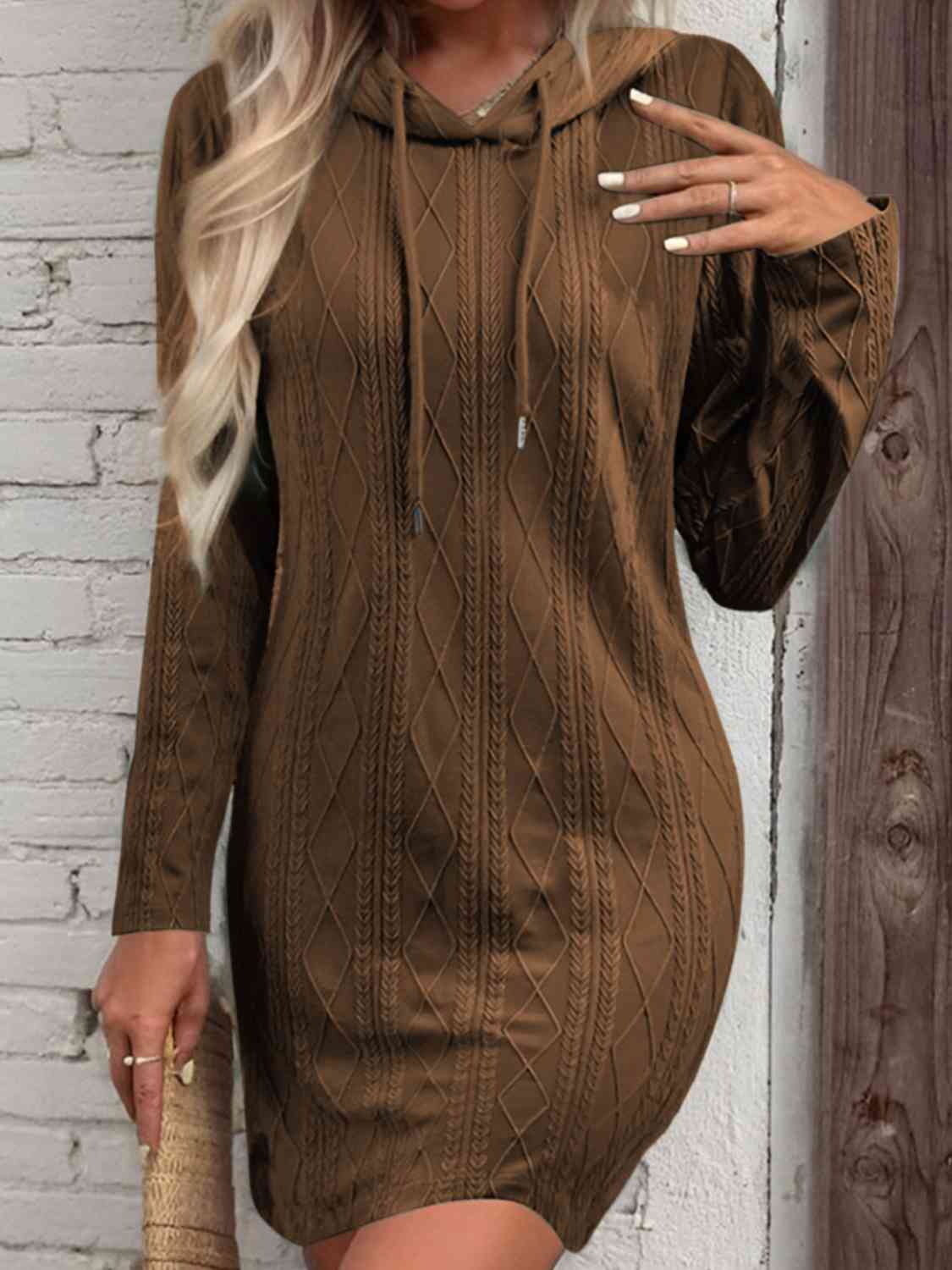 Drawstring Hooded Sweater Dress - GlossiChic Collection Chestnut / S GlossiChic Collection apparel