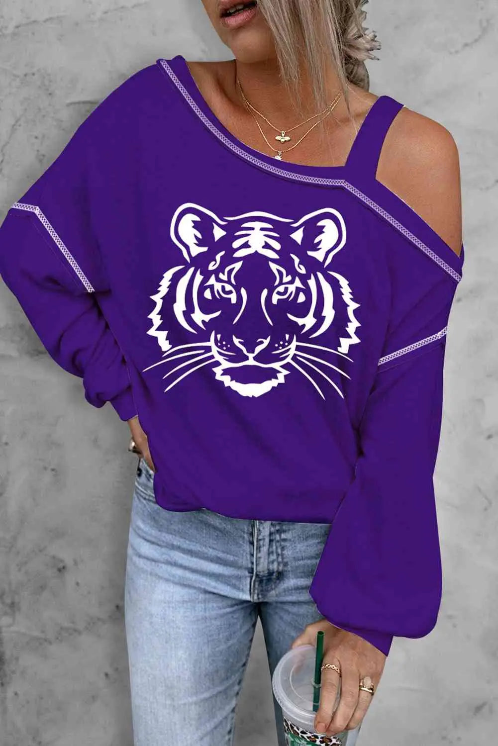 Tiger Graphic Long Sleeve Asymmetrical Neck Top - GlossiChic Collection Violet / S GlossiChic Collection Shirts & Tops