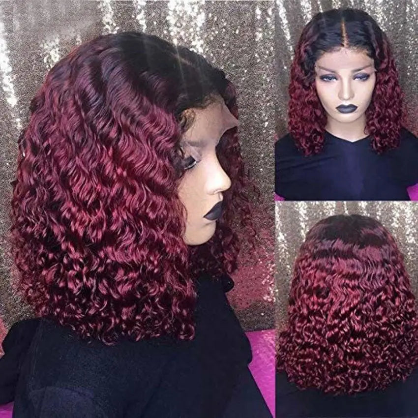 Ombre Color 1B/30 1B/99J Burgundy color short water wave curly bob human hair lace front wigs - GlossiChic Collection 8 Inches / 1B/99J color GlossiChic Collection Lace Wigs