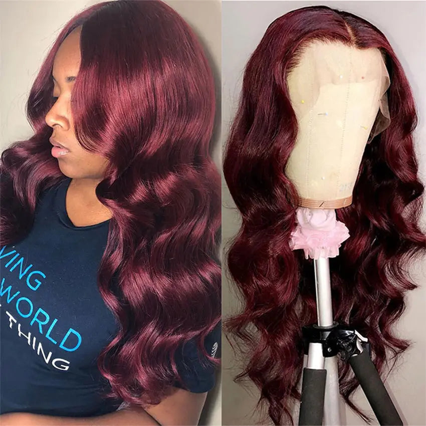 Glueless brazilian virgin remy wavy pre-plucked 99J Burgundy lace front wig - GlossiChic Collection 10 Inches / Natural Color GlossiChic Collection Lace Wigs