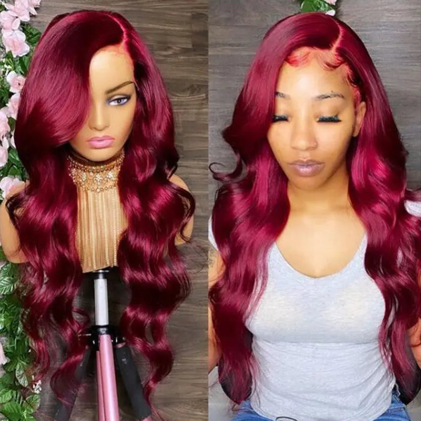 Burgundy Wavy Human Hair Lace Front Wigs 99J Color Brazilian Cuticle Aligned Hair Hd Lace Frontal Wig Pre Plucked With Baby Hair - GlossiChic Collection 8 Inches / lace front wig GlossiChic Collection Lace Wigs