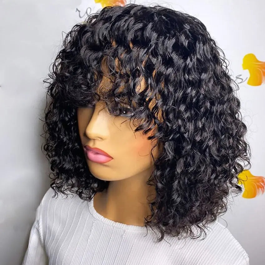 Brazilian remy fringe short curly bob lace front human hair wig pre-plucked with bangs - GlossiChic Collection 8 Inches / Natural Color GlossiChic Collection Lace Wigs