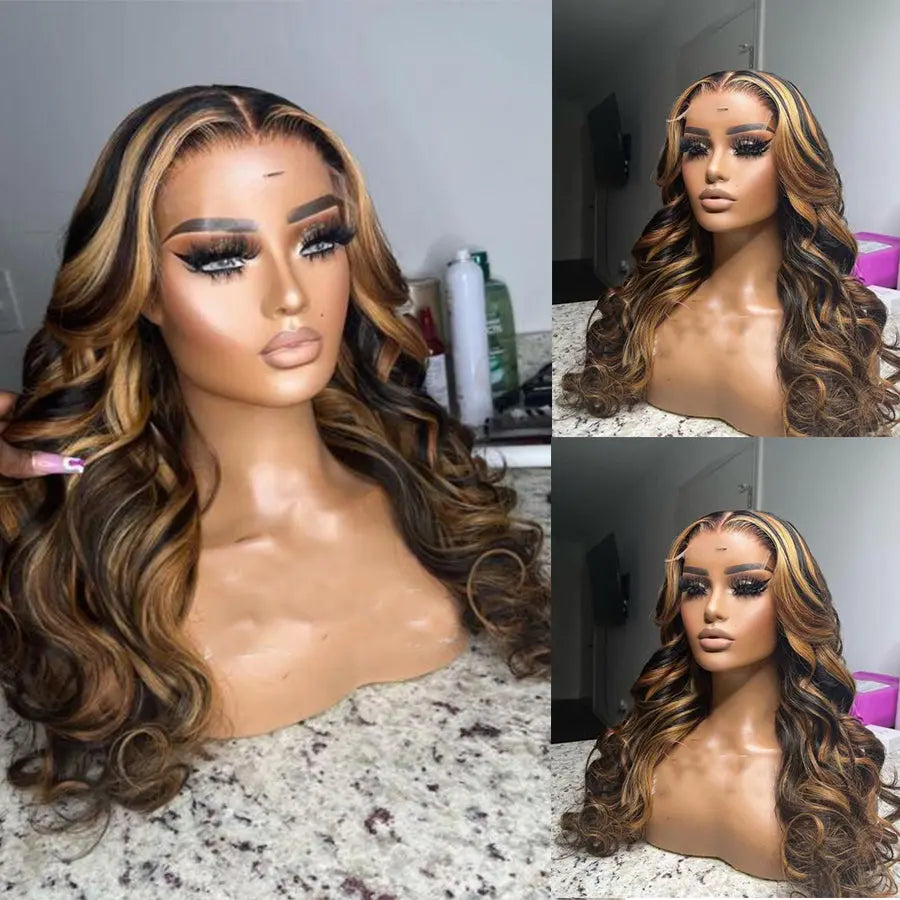 Brazilian human hair 13*4 transparent HD body wave ombre honey blonde highlight lace front Wig. - GlossiChic Collection 8 Inches / 13x4 transparent lace front wig GlossiChic Collection