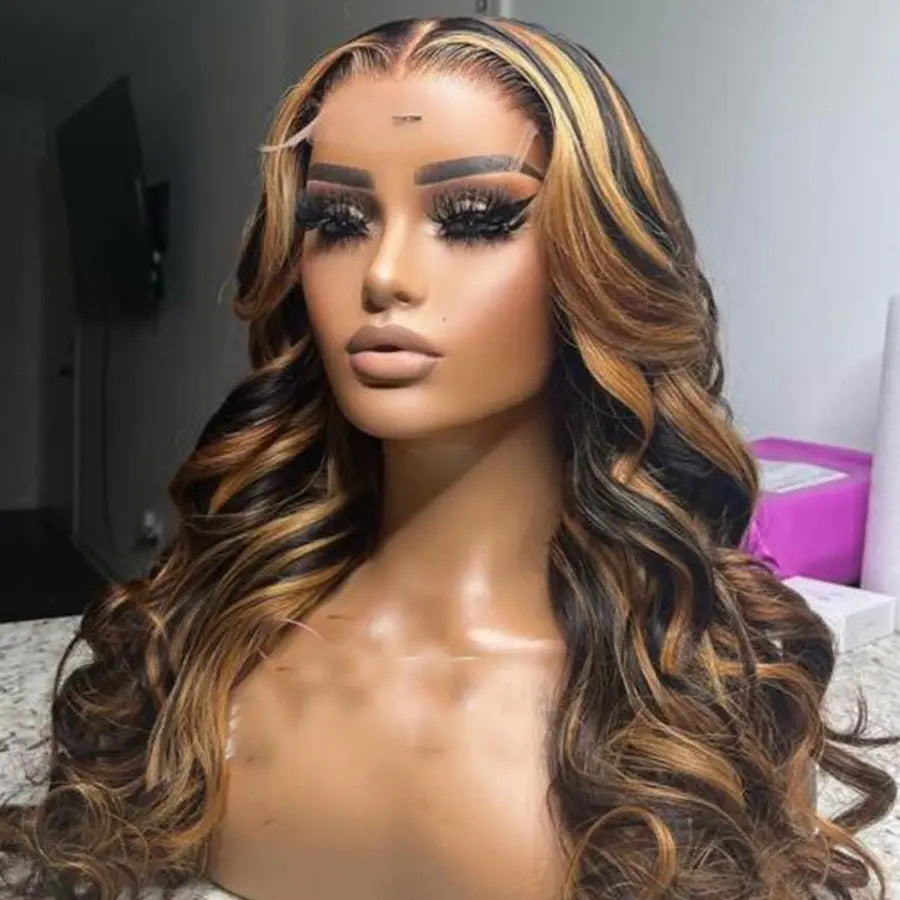 Brazilian human hair 13*4 transparent HD body wave ombre honey blonde highlight lace front Wig. - GlossiChic Collection 8 Inches / 13x4 transparent lace front wig GlossiChic Collection