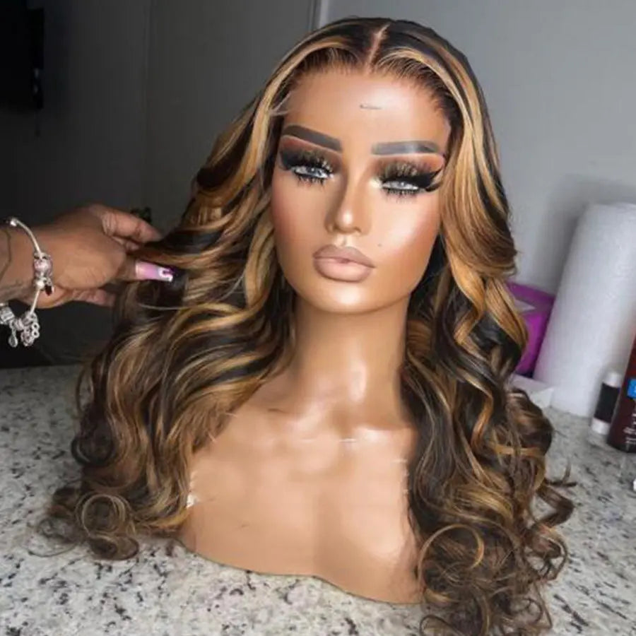 Brazilian human hair 13*4 transparent HD body wave ombre honey blonde highlight lace front Wig. - GlossiChic Collection 8 Inches / 13x4 transparent lace front wig GlossiChic Collection