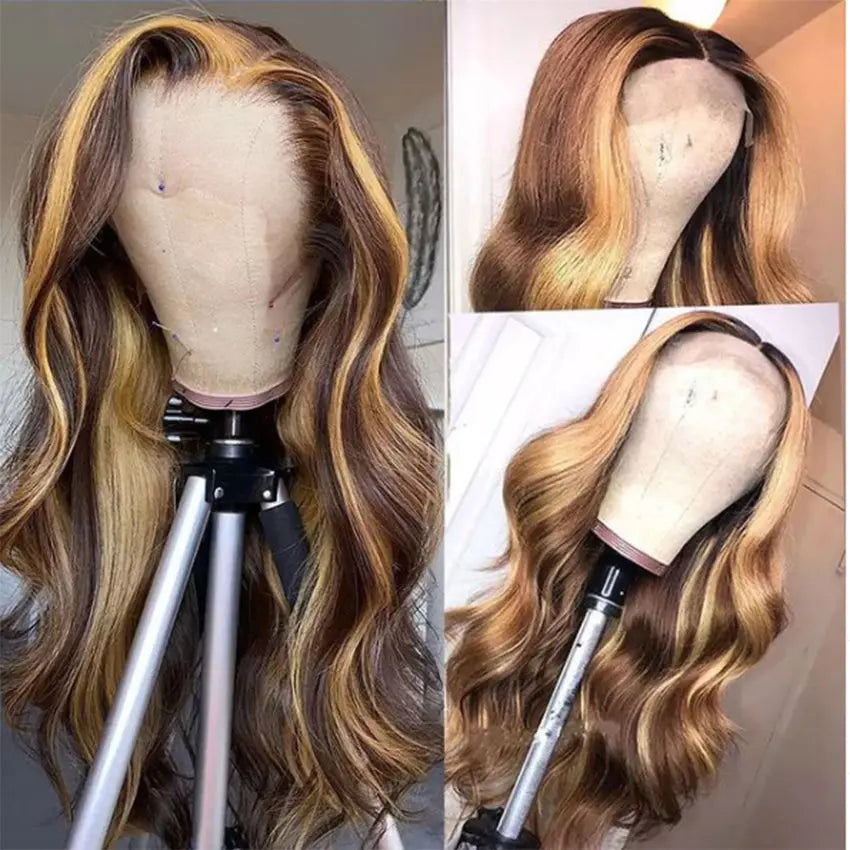 Brazilian wavy pre-plucked ombre blonde highlights color 13x4 deep part lace front human hair wig - GlossiChic Collection 10 Inches / natural color GlossiChic Collection