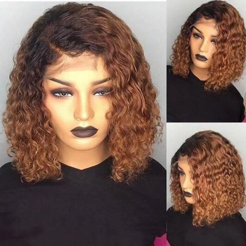 Ombre Color 1B/30 1B/99J Burgundy color short water wave curly bob human hair lace front wigs - GlossiChic Collection 8 Inches / 1B/99J color GlossiChic Collection Lace Wigs