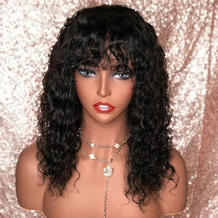 Brazilian remy fringe short curly bob lace front human hair wig pre-plucked with bangs - GlossiChic Collection 8 Inches / Natural Color GlossiChic Collection Lace Wigs