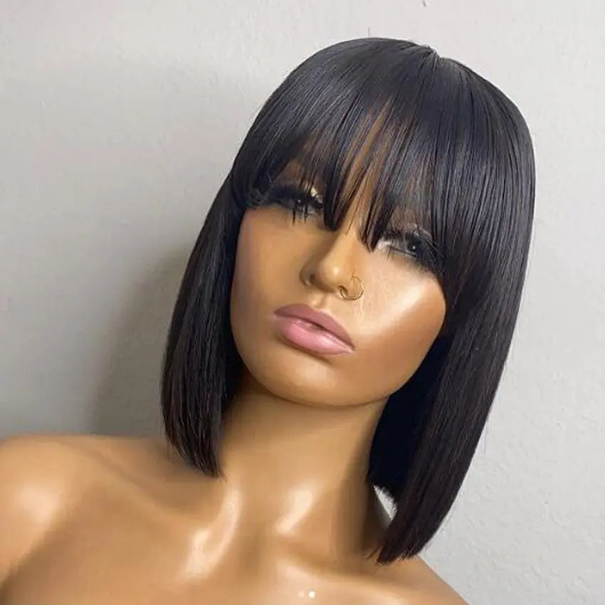 Straight Bob Fringe Human Hair Wigs With Bangs Short Bob Cut Lace Front Wig - GlossiChic Collection 8 Inches / Natural Color GlossiChic Collection Lace Wigs