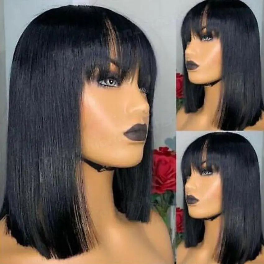 Straight Bob Fringe Human Hair Wigs With Bangs Short Bob Cut Lace Front Wig - GlossiChic Collection 8 Inches / Natural Color GlossiChic Collection Lace Wigs