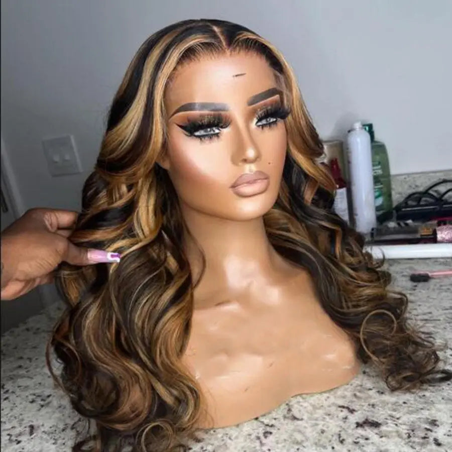 Brazilian human hair 13*4 transparent HD body wave ombre honey blonde highlight lace front Wig. - GlossiChic Collection 8 Inches / 13x4 transparent lace front wig GlossiChic Collection