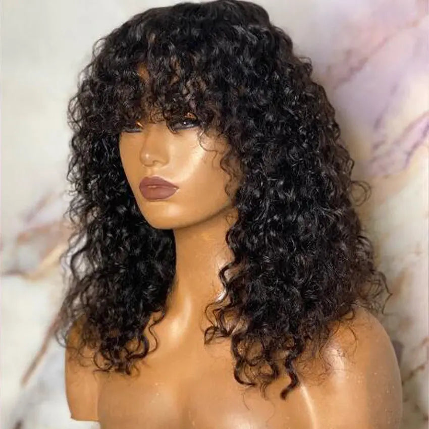 Brazilian remy fringe short curly bob lace front human hair wig pre-plucked with bangs - GlossiChic Collection 8 Inches / Natural Color GlossiChic Collection Lace Wigs