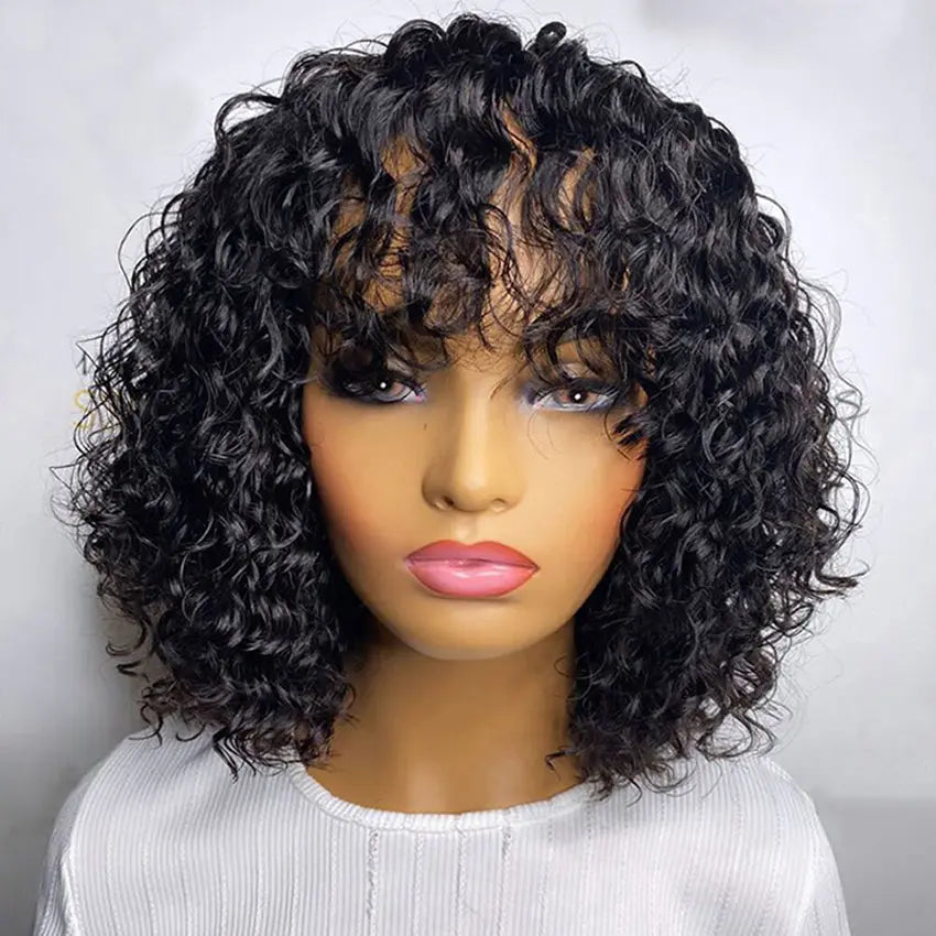 Brazilian remy fringe short curly bob lace front human hair wig pre-plucked with bangs - GlossiChic Collection 8 Inches / Natural Color GlossiChic Collection Lace Wigs