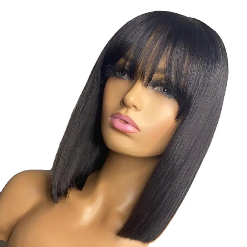 Straight Bob Fringe Human Hair Wigs With Bangs Short Bob Cut Lace Front Wig - GlossiChic Collection 8 Inches / Natural Color GlossiChic Collection Lace Wigs