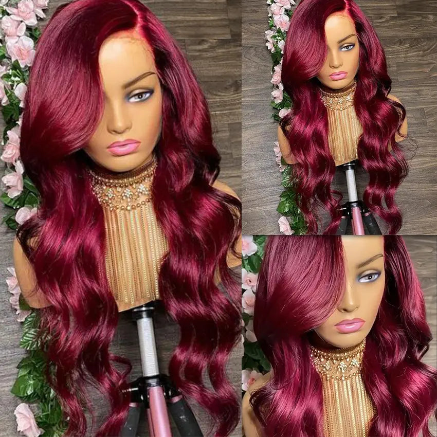 Burgundy Wavy Human Hair Lace Front Wigs 99J Color Brazilian Cuticle Aligned Hair Hd Lace Frontal Wig Pre Plucked With Baby Hair - GlossiChic Collection 8 Inches / lace front wig GlossiChic Collection Lace Wigs