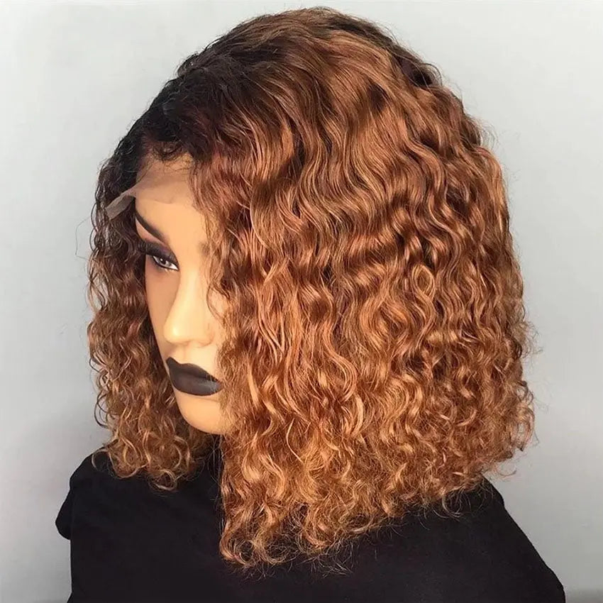 Ombre Color 1B/30 1B/99J Burgundy color short water wave curly bob human hair lace front wigs - GlossiChic Collection 8 Inches / 1B/99J color GlossiChic Collection Lace Wigs