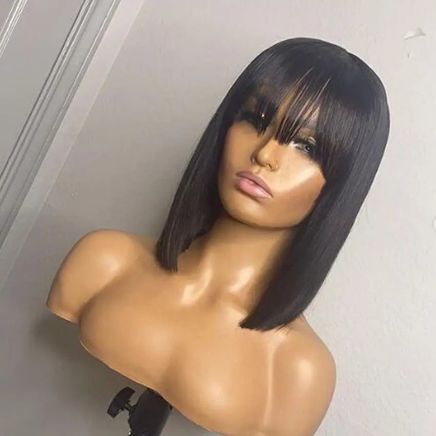 Straight Bob Fringe Human Hair Wigs With Bangs Short Bob Cut Lace Front Wig - GlossiChic Collection 8 Inches / Natural Color GlossiChic Collection Lace Wigs