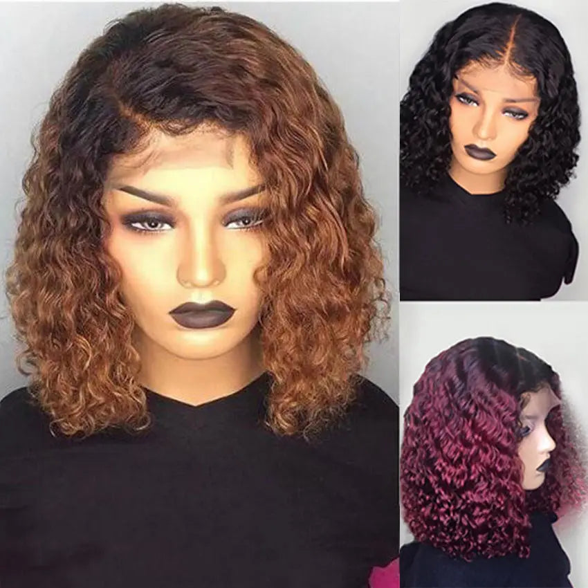 Ombre Color 1B/30 1B/99J Burgundy color short water wave curly bob human hair lace front wigs - GlossiChic Collection 8 Inches / 1B/99J color GlossiChic Collection Lace Wigs