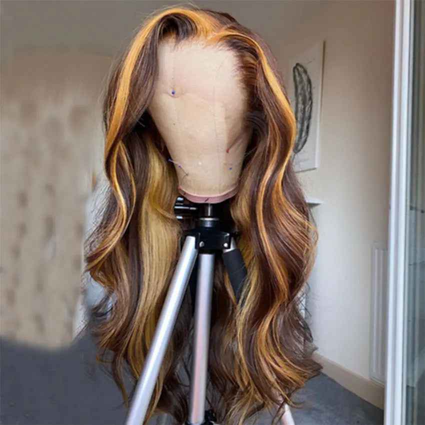 Brazilian wavy pre-plucked ombre blonde highlights color 13x4 deep part lace front human hair wig