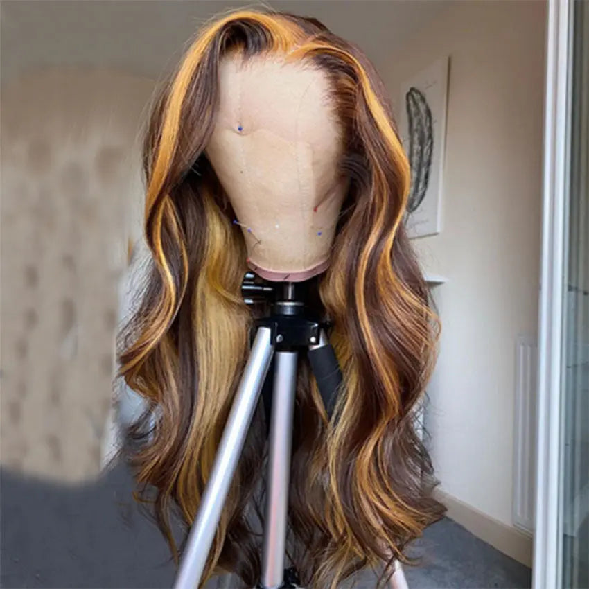 Brazilian wavy pre-plucked ombre blonde highlights color 13x4 deep part lace front human hair wig - GlossiChic Collection 10 Inches / natural color GlossiChic Collection