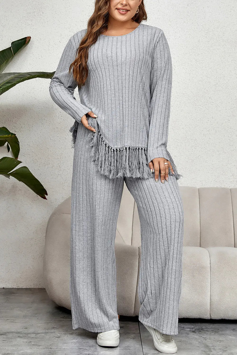 Plus Size Tassel Hem Top and Pants Set - GlossiChic Collection Cloudy Blue / 1XL GlossiChic Collection apparel