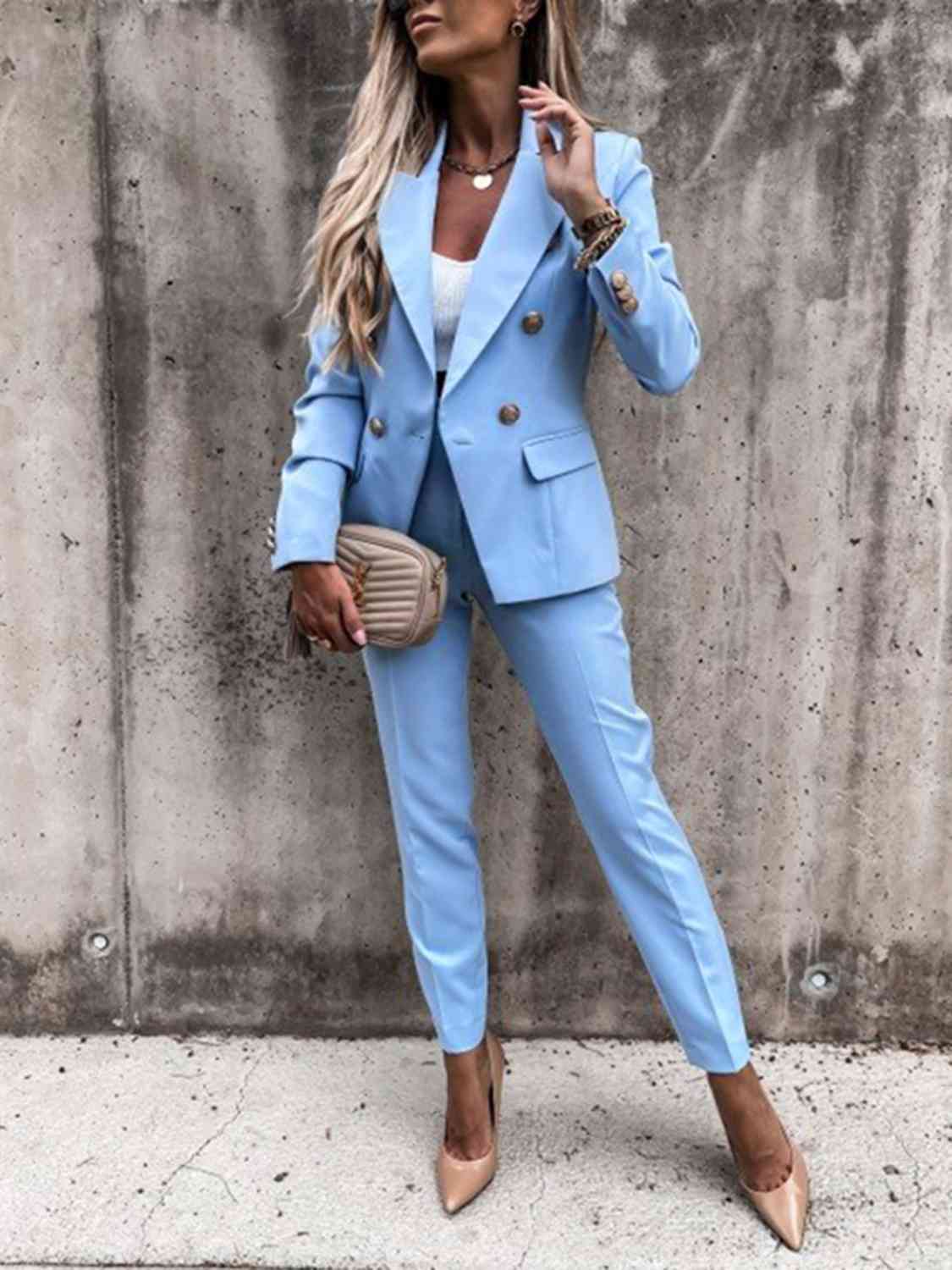 Lapel Collar Long Sleeve Blazer and Pants Set - GlossiChic Collection Pastel Blue / S GlossiChic Collection Outfit Sets