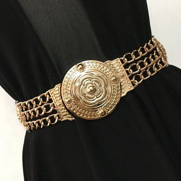 Fashion Metal Elastic Wide Belt Chain Flower Decoration - GlossiChic Collection Black GlossiChic Collection Belts & Hats