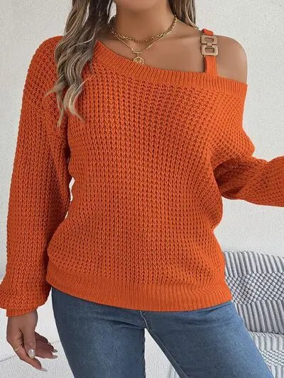 Asymmetrical Neck Long Sleeve Sweater - GlossiChic Collectionapparel