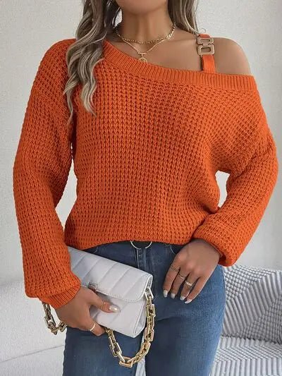 Asymmetrical Neck Long Sleeve Sweater - GlossiChic Collectionapparel