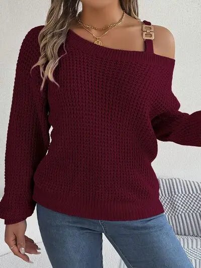 Asymmetrical Neck Long Sleeve Sweater - GlossiChic Collectionapparel